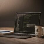 Biurko początkującego programisty Java z laptopem, kawą i notatnikiem