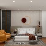 Nowoczesna minimalistyczna sypialnia z łóżkiem i jasnymi meblami