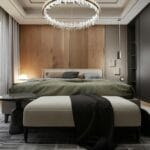 Nowoczesna sypialnia z łóżkiem i nastrojowym oświetleniem