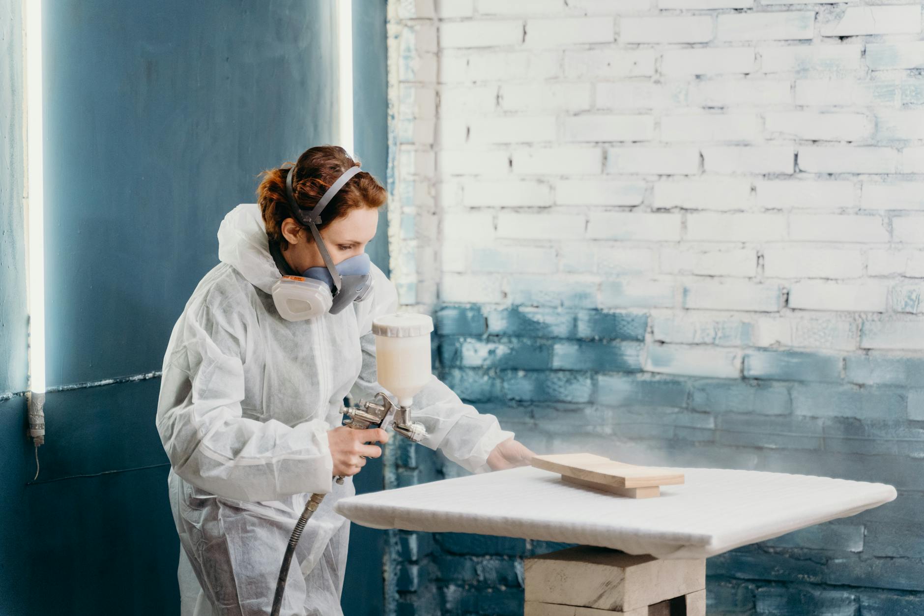 Kobieta w masce natryskowo maluje drewniany mebel na zamówienie