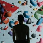 Sylwetka wspinacza bez koszulki przed kolorową ścianą boulderową